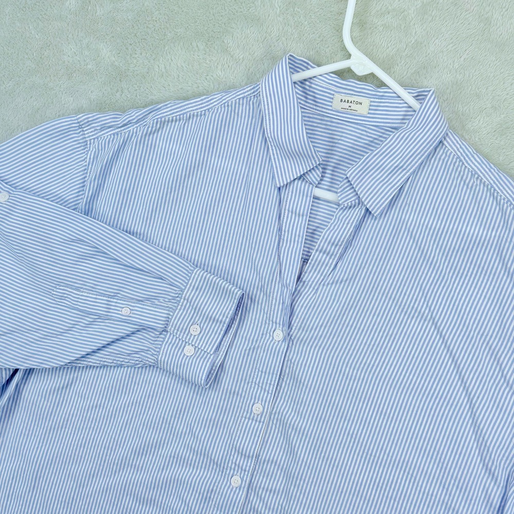 Babaton Archive Button Down Shirt Women Medium Oversized Blue Striped Roll Tab